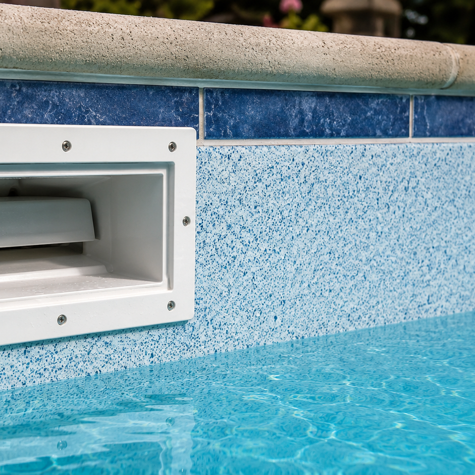 Nahaufnahme eines Skimmers als typischer Prüfbereich bei Verdacht auf Undichtigkeiten am Pool. Skimmer als möglicher Prüfbereich bei einer Pool-Leckageortung