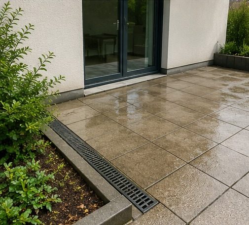 Terrasse mit Plattenbelag bei Verdacht auf undichte Abdichtungsebene