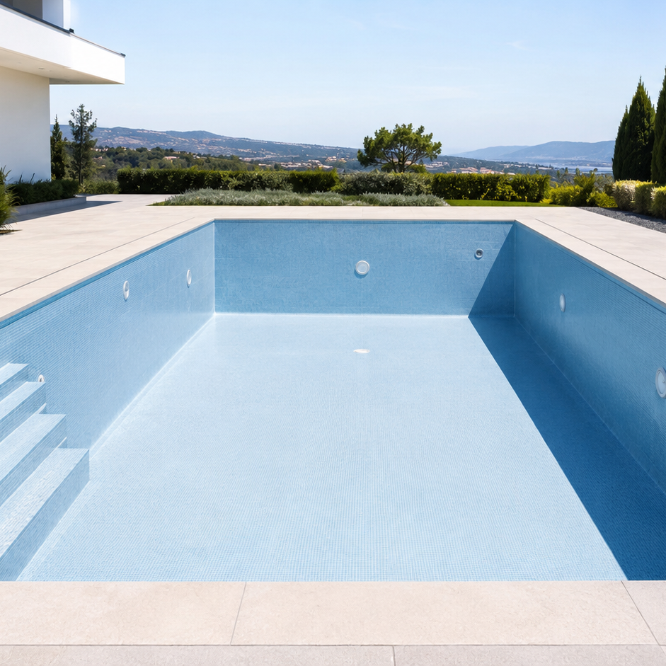 Leeres Poolbecken als Beispiel für eine Pool-Leckageortung mittels Niedervolt-Technik. Leerer Pool zur Pool-Leckageortung in Werder Potsdam und Berlin