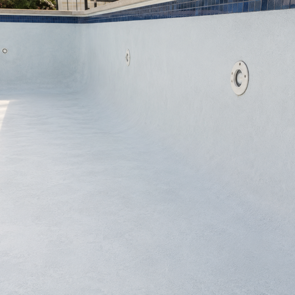 Leeres und gereinigtes Poolbecken zur technischen Überprüfung der Beckenabdichtung. Leeres Poolbecken zur Prüfung der Beckenabdichtung