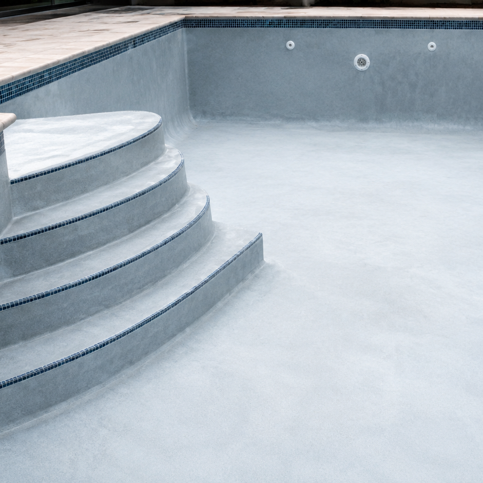 Moderner Poolbereich mit leerem Becken als Beispiel für eine vorbereitete Prüfsituation. Moderne Poolterrasse im Umfeld einer Pool-Leckageortung